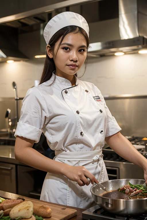 masterpiece, best quality, mmariarenee, medium hair, curly hair, chef uniform, chef hat, chef, zend4y4, cooking, wok, fire, fried rice, stove, feet out of frame, (looking down:1.3), <lora:mmariarenee-bueno:0.8>, (masterpiece:1.4),(best quality:1.4),