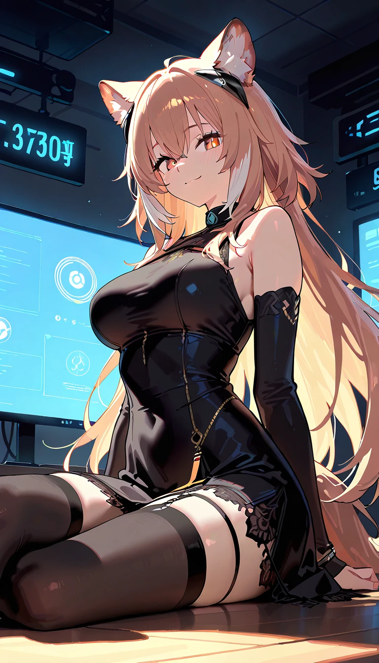 最high quality、best image quality、masterpiece、girl((18-year-old、 By becoming、vest bust、medium bust,wide open breast tea、red glowing eyes, blonde、messy hair、long hair、thin,highest valley、Black open neck suit、open chest、White wristband、smile、Leaning forward、hair ornaments、have a laptop、Angle from the side、Lointail)),high quality、beautiful art、background((White computer room、Coffee cup、line of light))、Flight、debris flies、Depth of written boundary、movie、visual art、perfect art、8K,genuine、