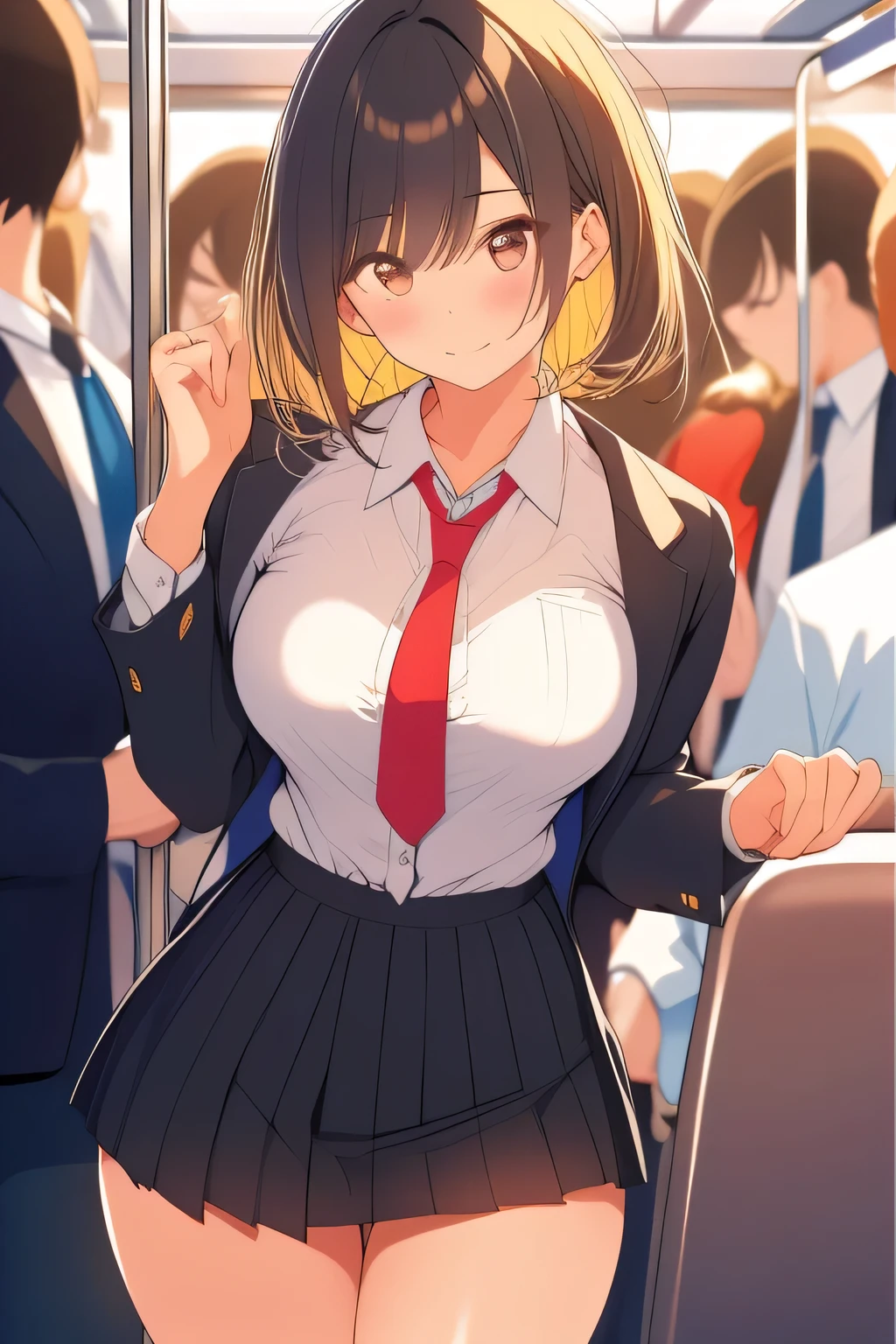 sexy secretary oneesama in crowded train, neck tie, full breasts, large breasts, 
 ,Open your clothes, Lift skirt, scorn and Contempt Smile:1.1, smile, Black hair, blonde  hair, Beige hair, humiliated, Shameful face, no langerie, 