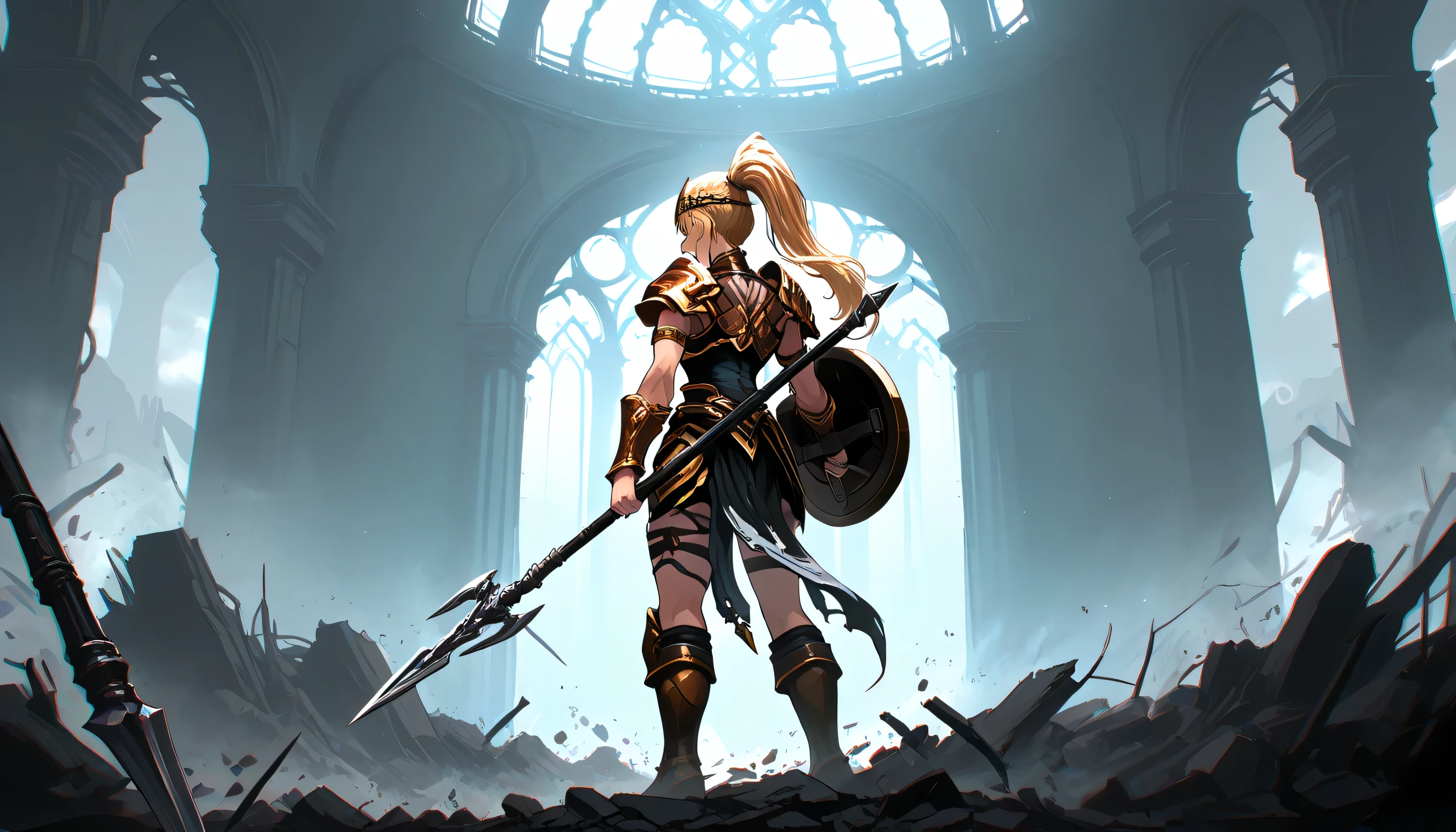 a cinimatic action shot of Amzn fighting diablo, destroyed sanctuary background with a mix of dark green and black color themes, bosstyle, hkstyle, back side view, score_9, score_8_up, score_7_up, masterpiece, best quality, ultra detailed, hdr, BREAK, Amazn, long hair, blonde hair, ponytail, circlet, Breastplate, pauldros, armlet, bracer, pelvic curtain, faulds, thigh strap, boots, shield, spear