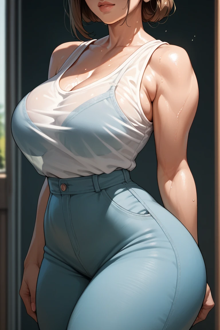 stunningly beautiful 40 yo woman, shirt straight white bob haircut, extremely muscular woman, very short mini jacket, jeans, shredded abs, strong well defined muscle, lean powerful bodybuilder physique, perfect and flawless musculature, great muscle definition, gigantic massive and bulging physique, very broad round hips, massive muscles juggernaut
