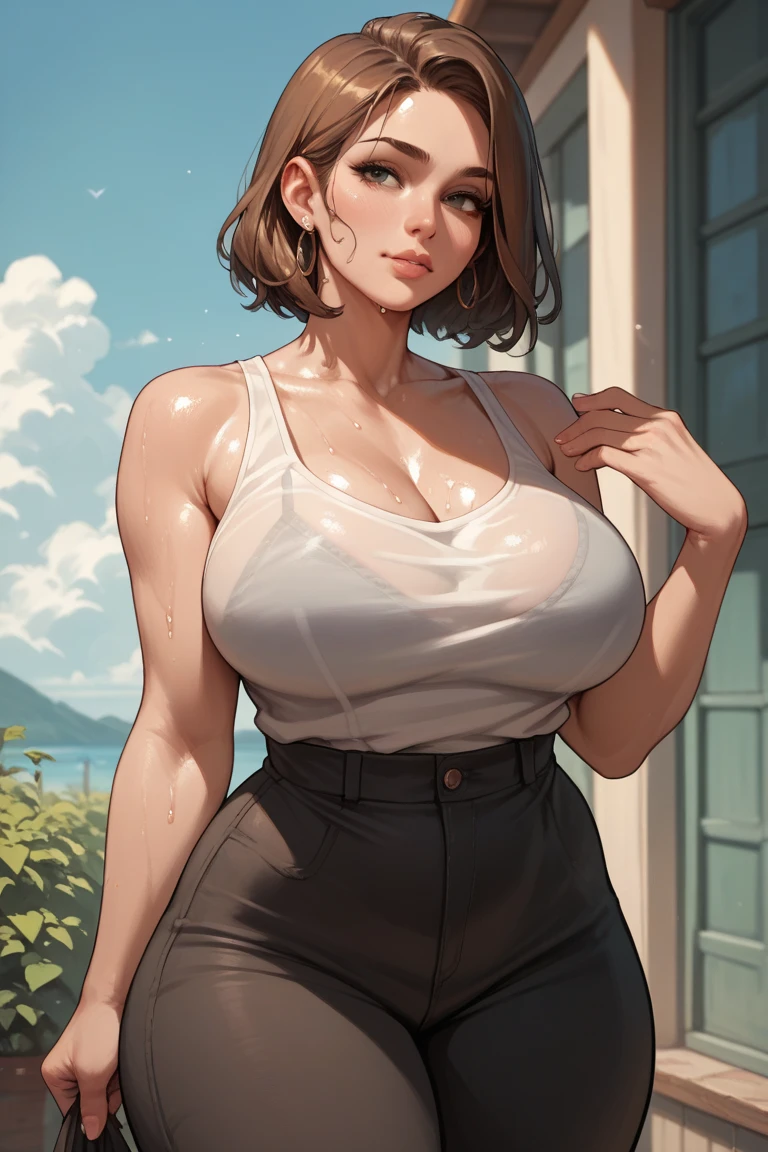(best quality), (very aesthetic), (ultra-detailed), (best illustration),1 girl Solo,light brown hair,bob cut,blunt bangs,gray eyes, sparkling eyes,Clear eyes,large breasts, (colorful tank top1.2),denim,hot pants,pendant,wet,wet hair,glad,Rainy City,It's raining