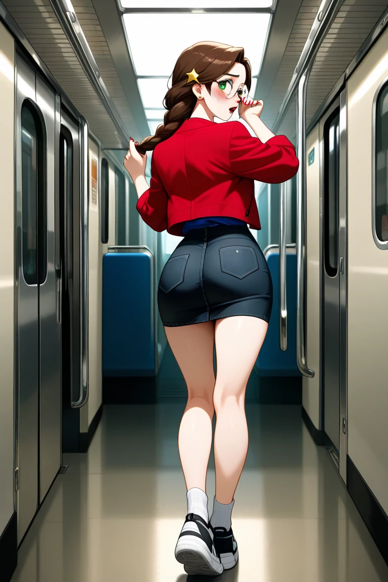 nsfw,hyperrealistic anime,adult curvy gyaru,tanned gyaru,standing on escalator at trainstation,dark brown hair,earring,plain  blouse,patterned short skirt,upskirt,from behind,troubled,red panties,