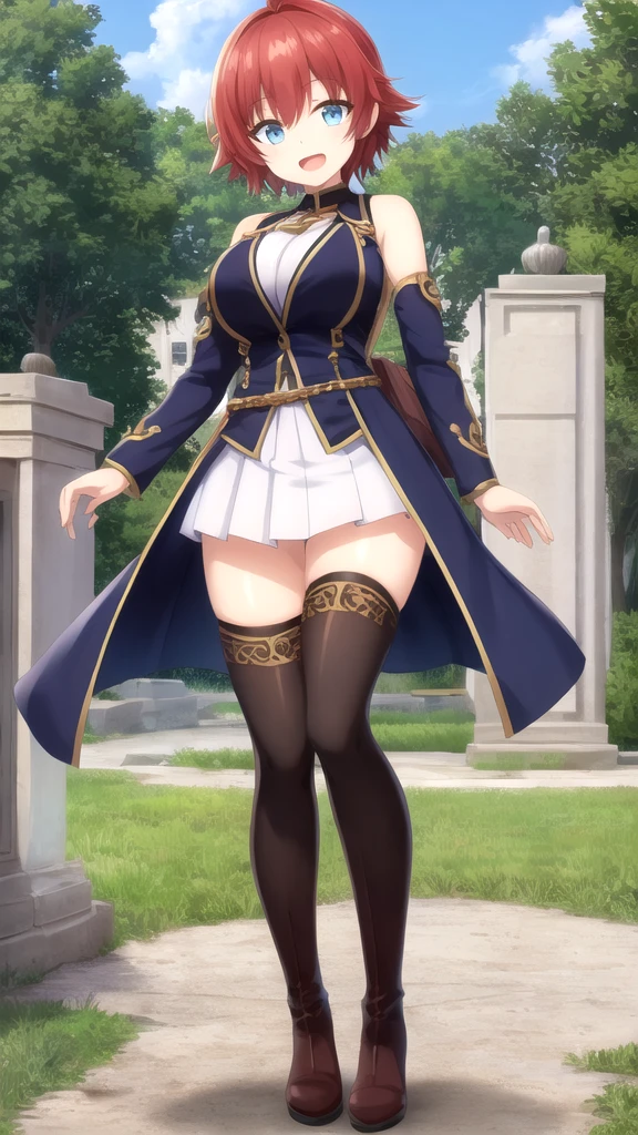 masterpiece, best quality, extremely detail 8k cg, high resolution, 1girl, narukouzumaki, twintails, wisker marks, blonde hair, blue eyes, perfect eyes, slim body, gigantic breasts, bursting breasts, lacasindress, black thighhighs, cleavage, outdoors, beautiful face, full shot photo, full body