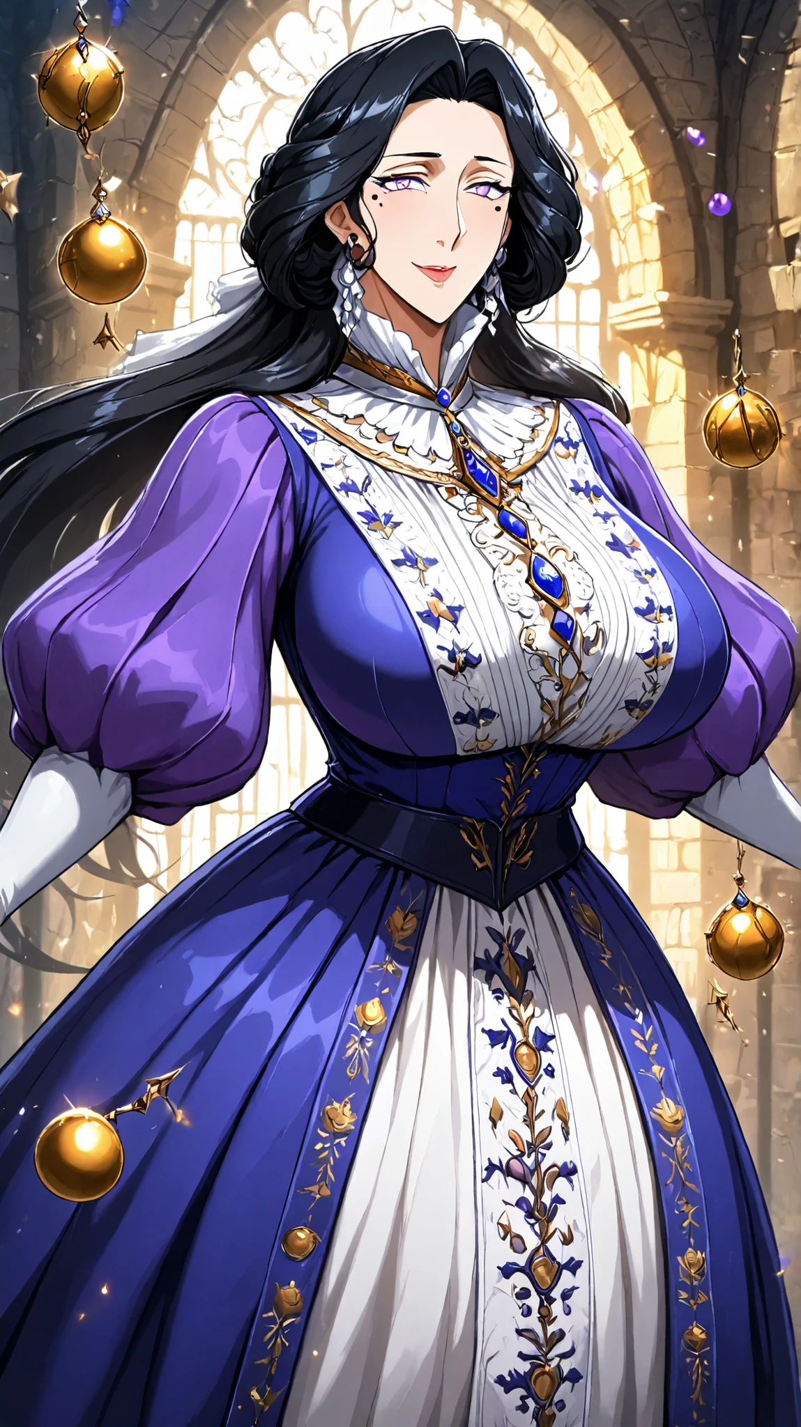 medieval European noble lady, long Bouncy Black hair with ornaments , Lavender eyes , red mole under the eye , noble appearancea, Hyūga_Hinata, Large Breasts.