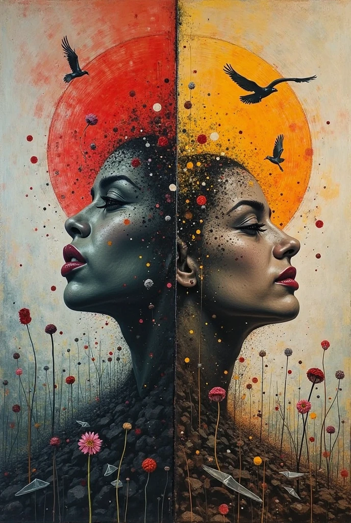 Create a potrait dramatic contemporary digital art from a collage mixed with elements of retro, surrealism, and vintage aesthetics, centering on a intricate details full body of beautiful woman with dramatic blank stare with a pose that is not stiff, details hand