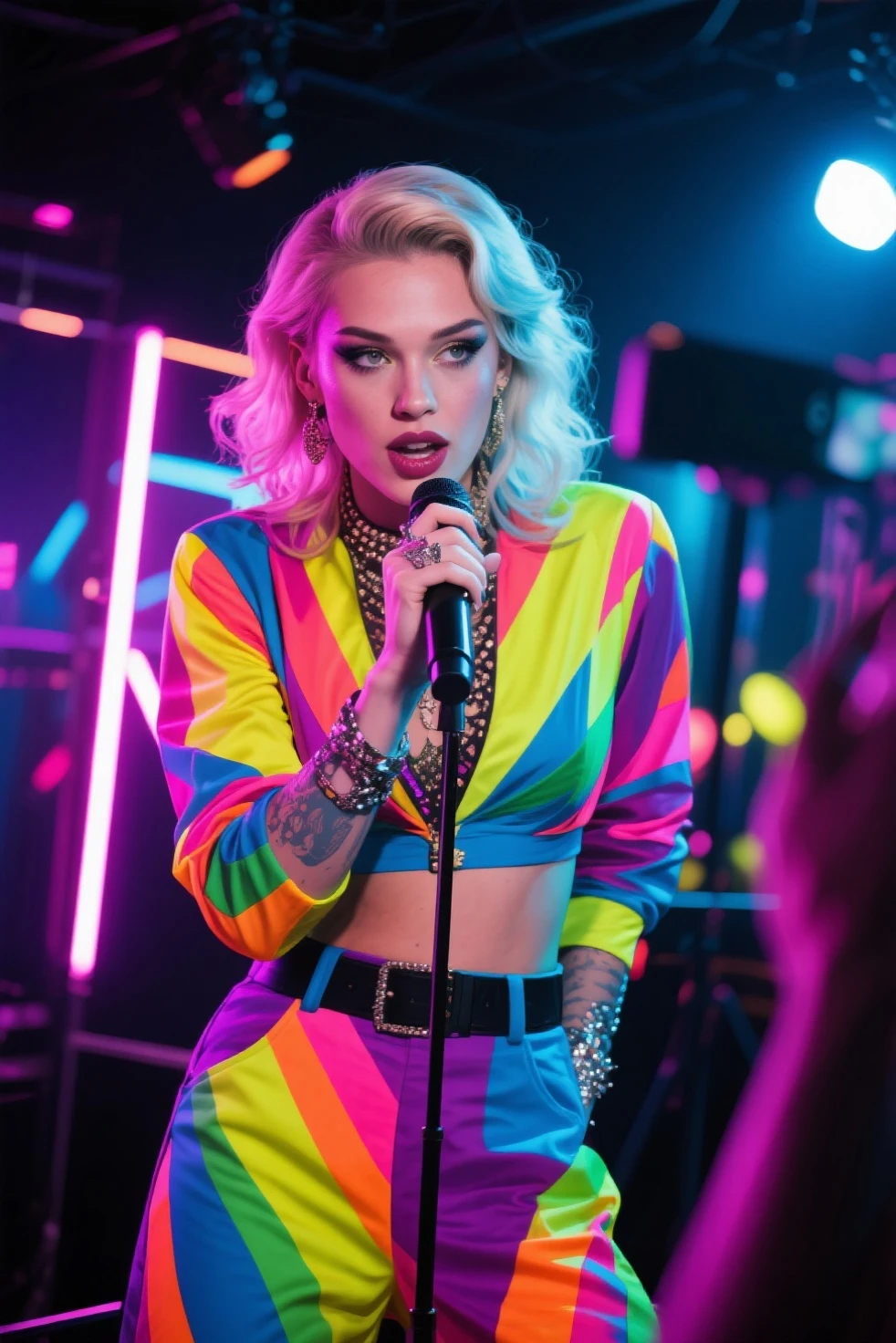 araffe woman in a colorful jacket and skirt on stage, madonna, 80's color photo, with shoulder pads, 1980s fashion, madonna genderbend elegant, live 1 9 8 6, performing on stage, in 1 9 8 5, madonna portrait, 1 9 85 s style, 1985, 1 9 8 5