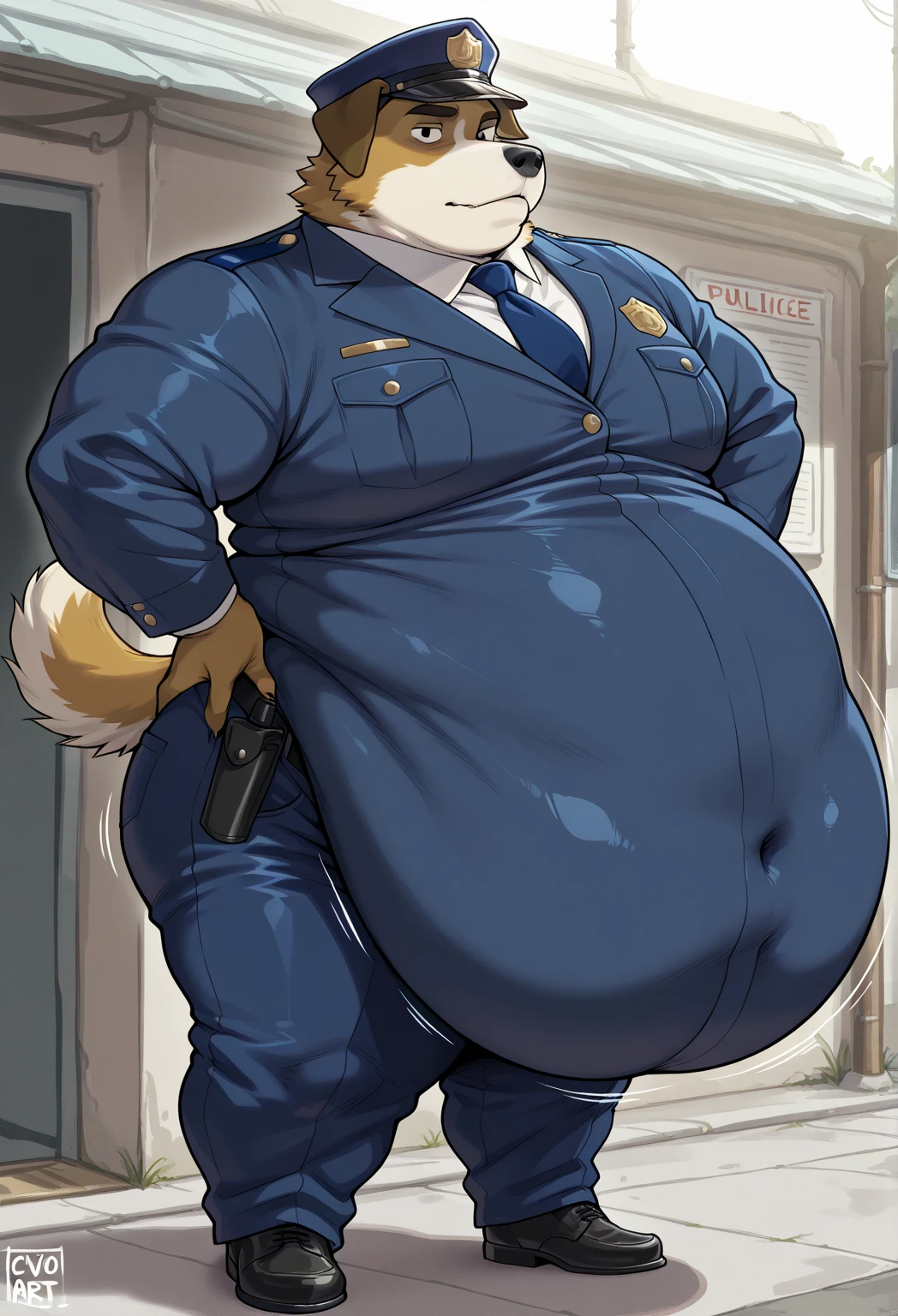 Male, fat, extremely obese, gentleman, dapper Typhlosion, pooping in diaper, blue eyes, (soft shading), 4k, hi res, ((detailed face, detailed)), looking at viewer, evil grin, Airport, TSA, TSA Uniform, collared shirt with buttons, hat, male focus, Police Uniform, glasses, monocle, vest with buttons, sleeves rolled up, round eyewear, headwear, vest, Typhlosion is wearing a glossy leather dog collar around the neck, Typhlosion is wearing the leather collar and shirt and vest at the same time, Typhlosion is wearing glossy white rubber gloves on the hands, wearing white rubber gloves on the feet, gloves are rubber in texture, mouth wide open, evil laugh, clenching fists, leather collar is glossy and shiny with a lot of detail, Typhlosion is wearing gloves and leather collar at the same time, leather collar has a round dog-tag, leather collar is thick and detailed, white rubber gloves on the feet, Typhlosion is wearing gloves and leather collar at the same time, leather collar has a round dog-tag, leather collar is thick and detailed, leather collar is glossy and shiny, fancy clothing, dapper vest, dapper shirt, leather collar is thick, glossy leather collar, Typhlosion is wearing a dirty diaper, Fat Typhlosion is getting his diaper changed by a second Typhlosion, second Typhlosion is wearing gloves, second Typhlosion is wearing a leather collar.