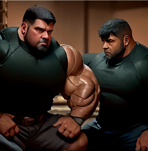 full body view, the 2 biggest heaviest hyper-massive over-muscular bodybuilded different white european males with hype styled undercut haircuts, facial piercings. intense neverending bigger muscle excessively growth . Dancing in disco party in latex shiny short jumpsuits and balenciaga triple s chunky neon-green colour sneakers and hyper-large white slouch socks, lots of jewelery and rings, socks must be seen, with many disco guys dancing behind