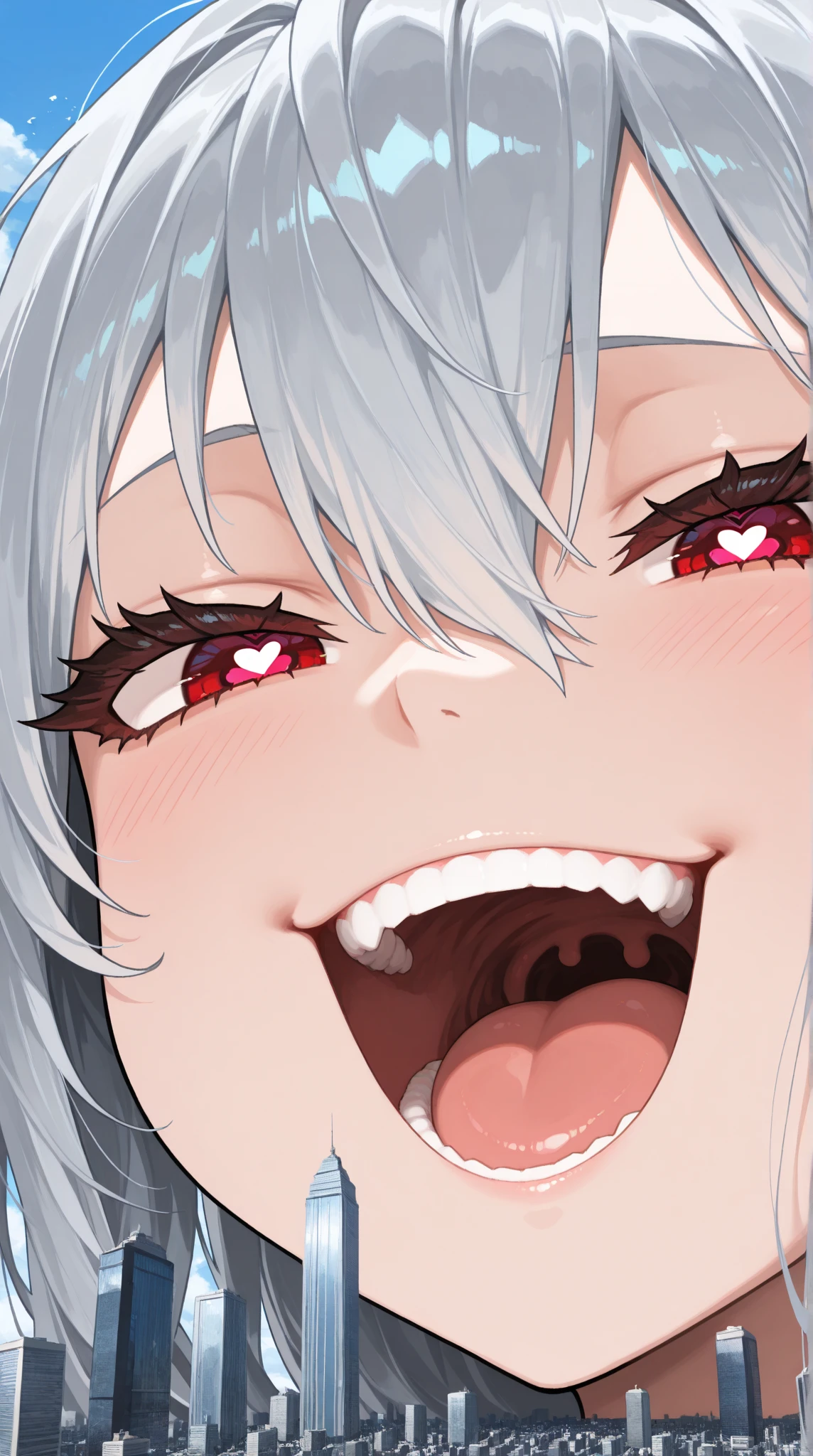 1girl,heart-shaped pupils,fingernails,hands on own face,white hair,purple eyes,(blush:1.1),choker,upper body,trembling,sweat,sweatdrop,heart,(speed lines:1.1),medium breasts, ((heavy breathing:1.3)), love, heart, crop top, happy, smile, laughing, vampire teeth, vampire, blood dripping down the teeth, evil smile, evil laughing, cute,