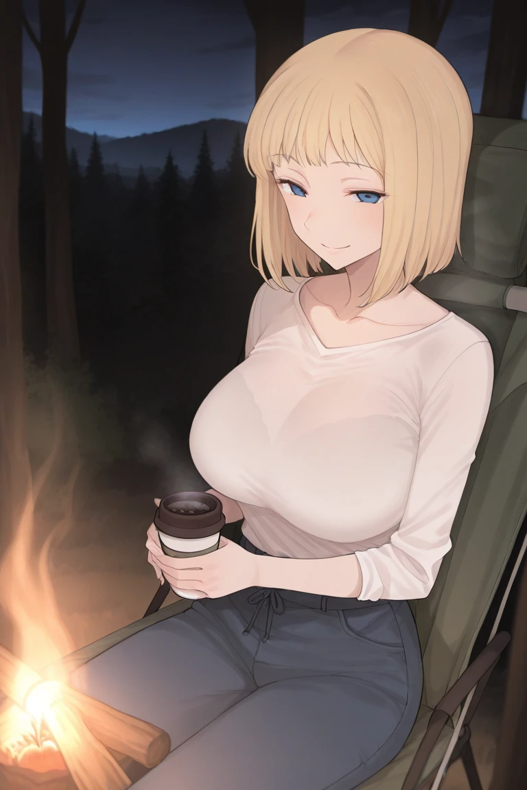 Erotic, (masterpiece),((ultra-detailed)), (highly detailed CG illustration),(expressionless), (best quality:1.2),(1girl:1.2),High quality texture, intricate details, detailed texture, High quality shadow,blue eyes , depth of field, perspective,20s, (big eyes:1.2),blush, (thin lips), glossy lips, natural body, curvy body, large breast, distinct_image, (lustrous skin), solo focus, (blond hair), (streaked hair),
Various poses,evening,Violet Evergarden,
jeans,Brown boots,White Sweater,
smile,happy,
outdoor,mountain forest,campfire ,
Log house in background,