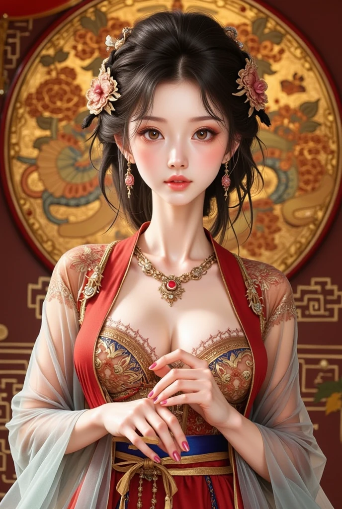Create an image of a beautiful woman wearing a sexy Chinese concubine outfit. She has a slender face, sharp eyes, long hair, an angled face, a high nose, thin lips, a chest size of 32 inches, a waist size of 24 inches, hips size 33 inches, her skin is bright and white. she has brown hair She has pink nipples Her body was slim and muscular like an athlete. And she was enjoying sitting with her legs spread open showing off her very attractive genitals.