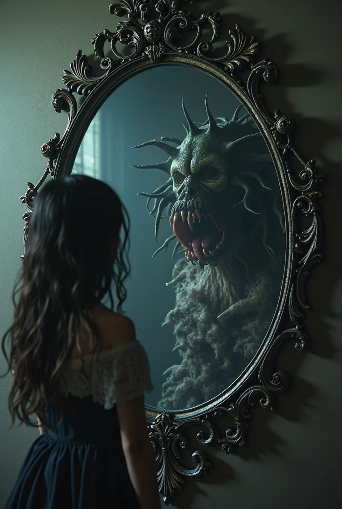 A monster that appears in the mirror and reflects a chilling presence,hyperrealistic,cinematic,8k
