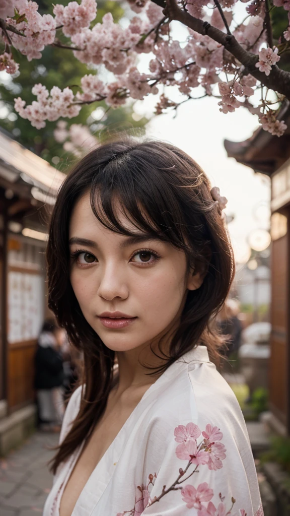 Woman painted in traditional Japanese style, spring meditation, in Japanese wonderland, Stylized watercolor, highly detailed graphic, complex illustration, complex, complex contrast, HDR, sharp, soft cinematic volumetric lighting, vivid colours