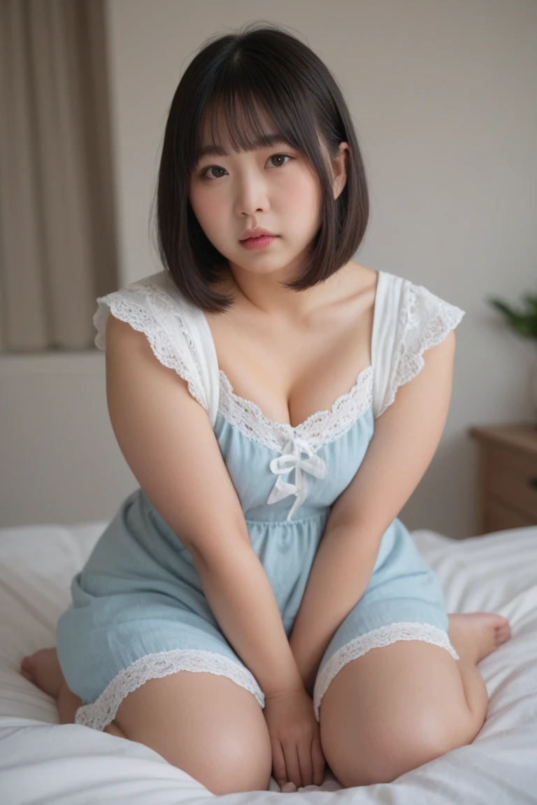 1girl, solo, masterpiece, detailed, high resolution, cinematic lighting effects,
realistic humid skin, shiny skin, Smooth skin, dent in the skin,
(extremely fat:1.5), (chubby face:1.5), (saggy tits), perfect legs, ((short stature:1.4)),
detailed lips, (parted lips), gloss on lips, central cheek dimples, (smile), (slant eyes),
(black short bob:1.5),
((exposed cleavage:1.4)), ((exposed abdomen:1.4)),
(pink bikini:1.3), (pink lace apron:1.3), (white lace stocking:1.3), strapped high-heels, (white lace headband),
night, living room,
(a variety of curvy girl poses), Eyes look at the lens, body shot,