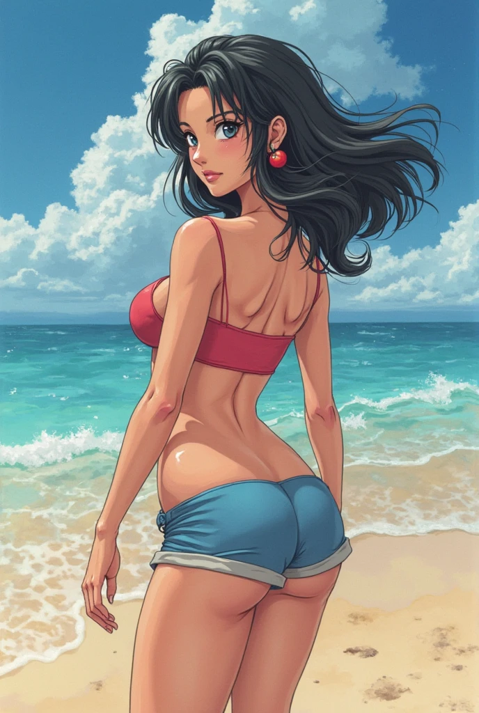 Robin from One Piece with curly hair, with brown skin color, with huge buttocks and medium-sized breasts naked showing the buttocks, standing backwards.