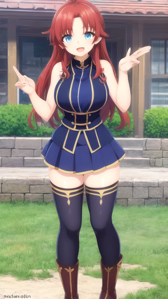 best quality, (masterpiece),(ultra-detailed), (high quality), (high resolution), ((2heads:1.5)), best quality:1.5, highres, UHD, 16K), ((two headed woman)), smiling, highres, masterpiece, ((red hair)), ((blue hair)), ((different hair colors)), cleavage, ((yellow crop top:1.5)), lustrous and smooth skin, seductive silhouette, gold rpg fantasy dress, sexy proportions, Beautiful girl with accentuated slender abs, ((full body)), long legs, ((village background:1.5)), ((exposed midriff)), body con dress, strapless, sleeveless, yellow eyes, ((long hair)), ((sandals))