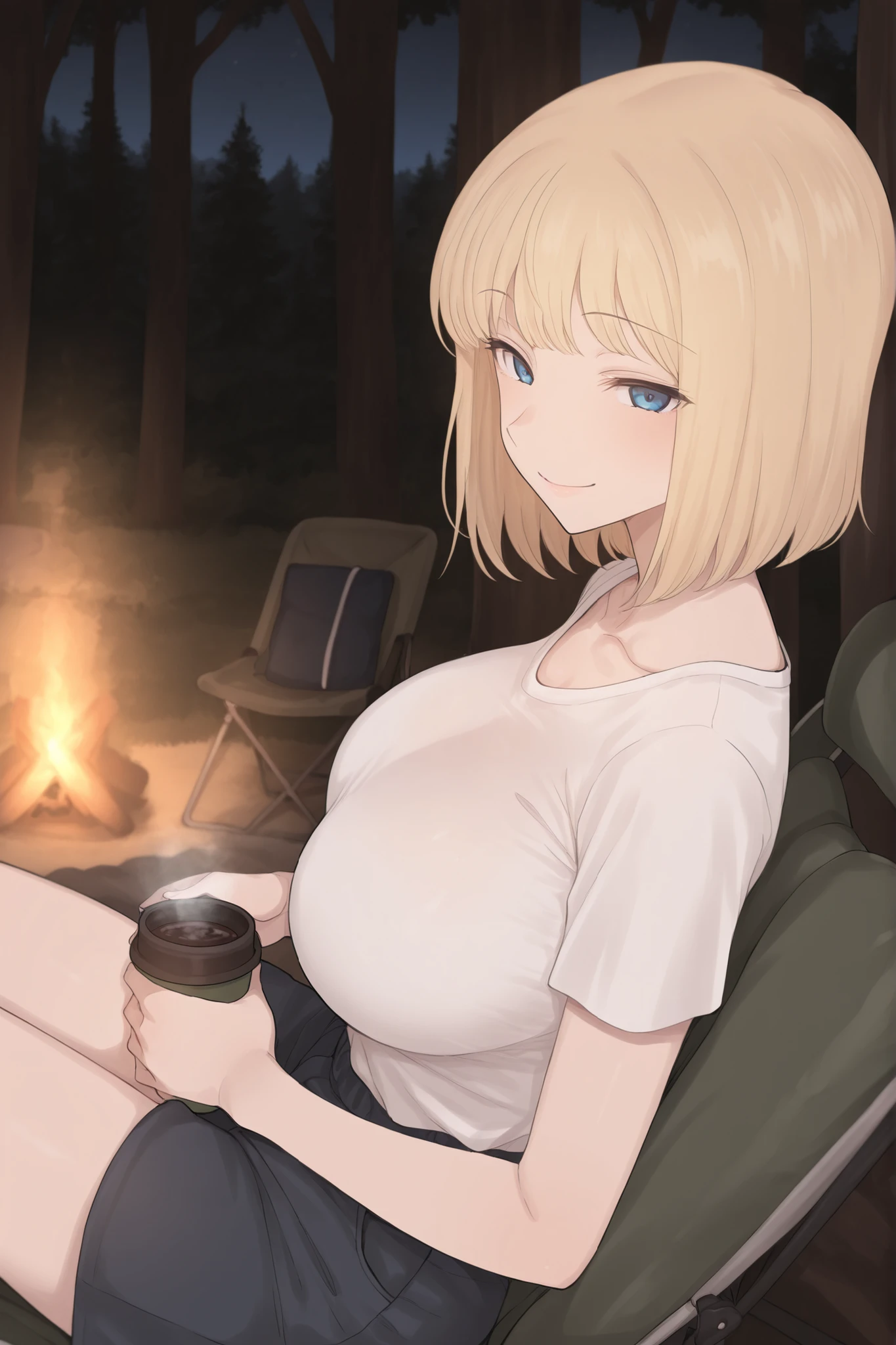 masterpiece, best quality, very aesthetic, absurdres, blonde hair,1girl,solo,Bob cut, medium hair,blue eyes, white shirt, jean, smile, large breasts,in forest, siting on mini camping chair, front campfire , night time, Carry a coffee cup,