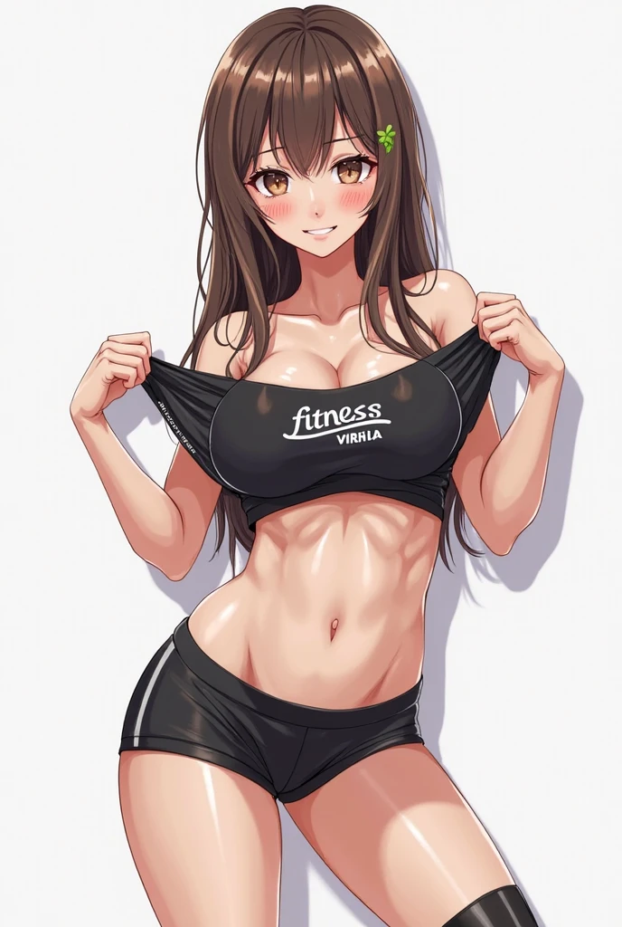One girl. beautiful girl dark hair with auburn A body with an hourglass shape:Shoulders: Moderately broad and proportionate to the width of the hips.Waist: Slim and defined, giving the overall shape a balanced and elegant look.Hips: Nearly as wide as the shoulders, completing the curved shape of the body.Bust: Moderately full and proportionate to the rest of the body.Lifted and firm: The breasts appear lifted and firm, enhancing the feminine shape.Medium size: The size is medium to large, but proportionate to the width of the shoulders and the slim waist.Tifa in sexy mini shorts and sports bra, crouched deadlifting with a bar with her back facing a gym mirror, sweating, High Resulution, UHD, detailed image.