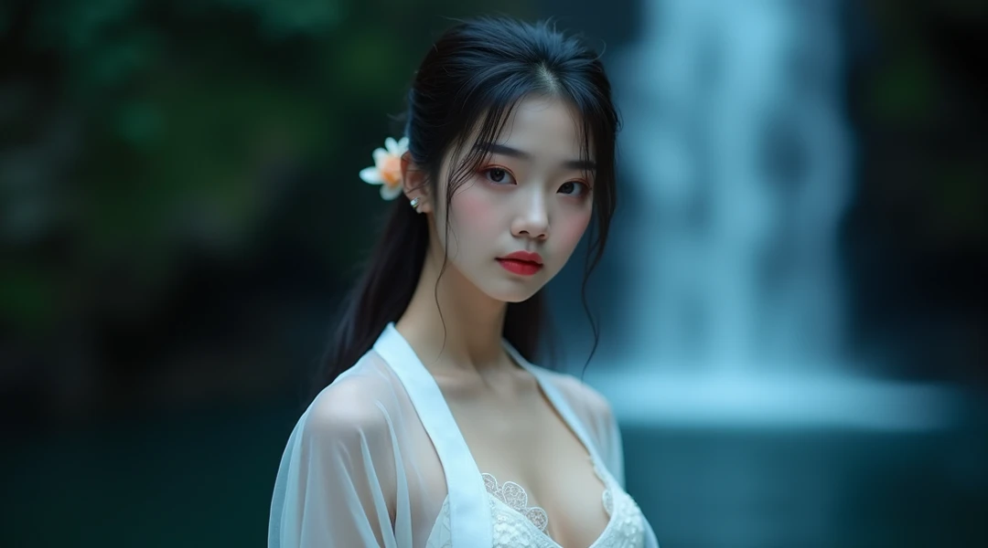 Create an Asian long-haired beauty,Beautiful big eyes,Regular facial features,Normal limbs,White traditional cheongsam,Scratching the scalp with both hands,Scratching the scalp with both hands,A lot of dandruff on the top of the head,White fine dandruff on the top of the head,Expression praise unhappy people,Tears in the eyes,Ancient courtyard background,9:16 frames,Ultra HD painting
