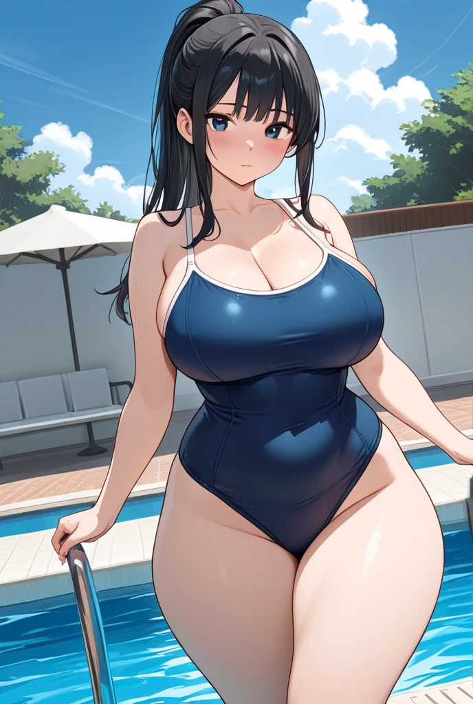 high school girl、beautiful girl、Black Hair、Big breasted body type、Big hip body type、Sexy white bikini swimsuit、Wet swimsuit、Wet skin、Wet hair、Shy expression、Night Sky、Night pool at night、Thick eyebrows、Erotic atmosphere