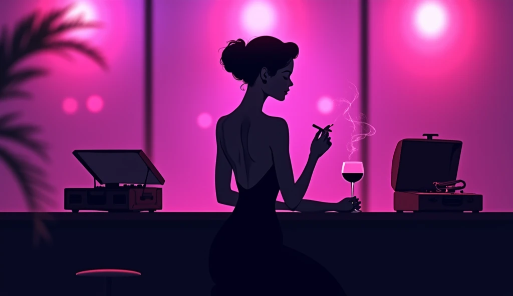 (masterpiece:1.2, best quality), 1girl, 18yo, black dress, ginger hair, femme fatale, noir, red lipstick, (naked breast, nipple), sitting in a bar, crossed legs, night, black, dark, 1930s, anime minimalist, watercolor