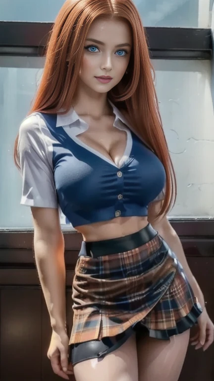 Masterpiece, whole body, long braided hair, Red hair, blue eyes, white sleeveless shirt with black tie, blue short jeans, big chest, modern city background, sexy chica, Women, 