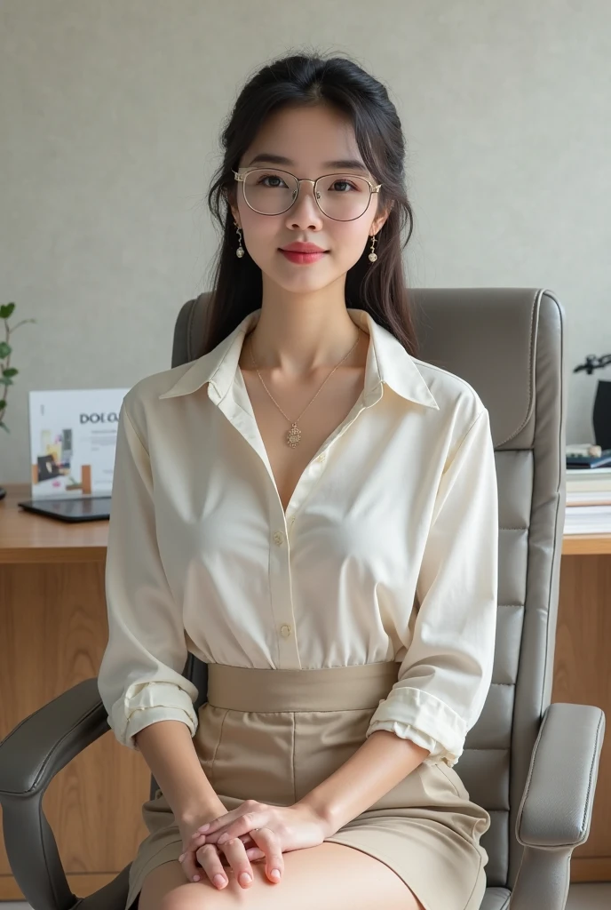 Secretary woman, holding a pencil, best quality, ultra hd 8k, mesa, 22 old, beautiful woman、pretty face、perfect hands, great eyes, beautiful hair, black hair, Mulher de mente forte、(social yellow shirt)、(shirt with 2 open buttons and small breast neckline), (it would be medium size), cabelos castanhos、(Olhos castanhos)、hair tied up in bun, Olhos subdimensionados、Corpo inteiro, (social skirt, azul escuro), (lace panties, panties in yellow color under the skirt, legs gently open to viewer), smiling, sem meia, sapato preto, rectangular glasses, sitting facing the viewer on the table, leg gently spread and showing part of her panties, she's looking to your own legs