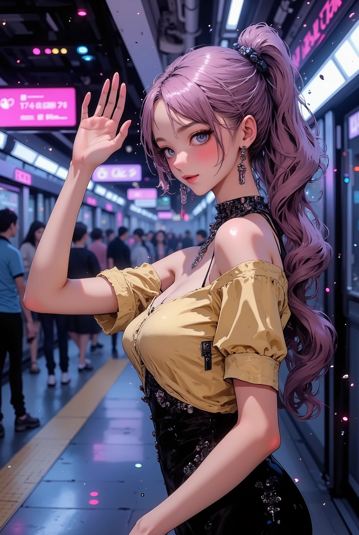 ((She is near the open doors of the train)), ((subway train next to her)). (Woman waving on subway platform), (((waving))). ((5 fingers))), smile, laughing, squinting, happy, (((open mouth))), (anatomically correct), perfect body, (((macro))), close-up of chest: 1.6, close-up shot: 1.6, ((upper body)), looking at viewer, blue eyes, (((pale yellow off-shoulder blouse))), ((soft pink low ponytail hair)), choker, (earrings:0.1), necklace, extra large breasts, large breasts, ((big breasts:1.8)), curves, stylist versatile, dynamic posture, Japanese, (((In the background is a subway platform with many people walking))). A futuristic shot inspired by the movie Blade Runner. The dominant color palette of electric blue, purple, and pink represents the Blade Runner aesthetic. It is lit with futuristic neon, deep blue, purple, and shining neon red and yellow. The atmosphere is dark yet electrifying, with deep blues, purples, and glowing neon reds and yellows creating a moody, cinematic effect. Abstract AI symbols and digital data, a cyberpunk aesthetic. aura aura, ARW, cpstyle01, high quality, masterpiece, accurate, top quality, high quality model, detail, gives depth and openness to scene, depth of field, background blur, high detail, masterpiece, zima, vigorous composition, cinematic light, hkstyle, digital illustration3d, renderingniji_flux2, low angle viewpoint, 8k, best quality, detailed figures, high resolution, 32k, realistic rendering, jima,
