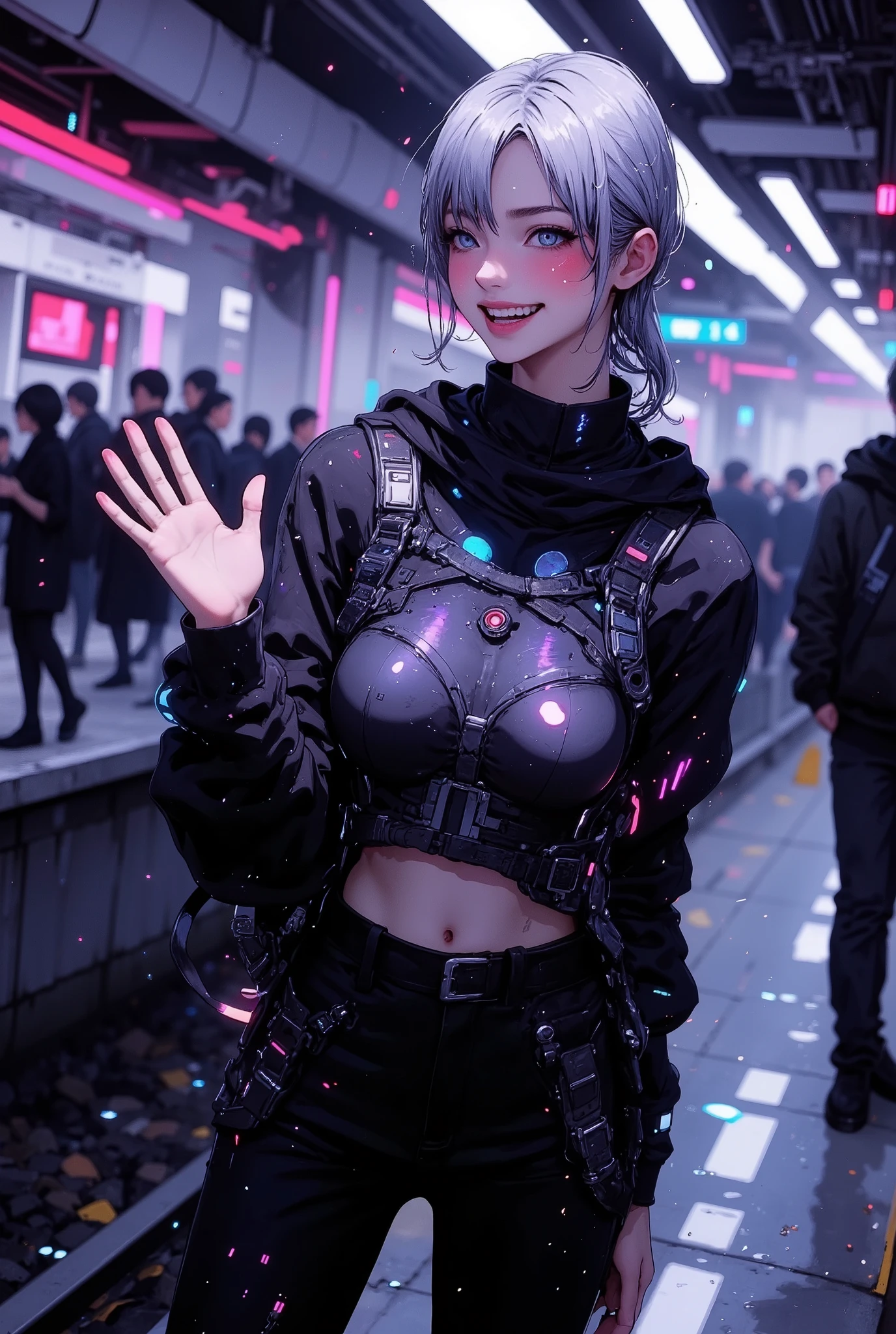 ((She is near the open doors of the train)), (subway train next to her). smile, laughing, squinting, happy, (((open mouth))), (Woman waving on subway platform), (((waving))). ((5 fingers))), (anatomically correct), perfect body, (((macro))), close-up of chest: 1.6, close-up shot: 1.6, ((upper body)), (((In the background is a subway platform with many people walking))). A futuristic shot inspired by the movie Blade Runner. The dominant color palette of electric blue, purple, and pink represents the Blade Runner aesthetic. looking at viewer, blue eyes, ((soft silver low ponytail hair)), extra large breasts, large breasts, ((big breasts:1.8)), curves, stylist versatile, dynamic posture, Japanese, It is lit with futuristic neon, deep blue, purple, and shining neon red and yellow. The atmosphere is dark yet electrifying, with deep blues, purples, and glowing neon reds and yellows creating a moody, cinematic effect. Abstract AI symbols and digital data, a cyberpunk aesthetic. aura aura, ARW, cpstyle01, high quality, masterpiece, accurate, top quality, high quality model, detail, gives depth and openness to scene, depth of field, background blur, high detail, masterpiece, zima, vigorous composition, cinematic light, hkstyle, digital illustration3d, renderingniji_flux2, low angle viewpoint, 8k, best quality, detailed figures, high resolution, 32k, realistic rendering, jima,