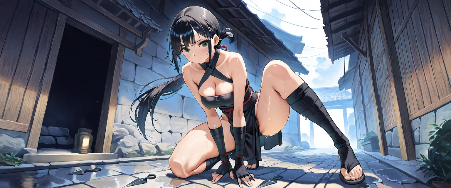 Action Scenes、(A female ninja is violated by countless monsters),((masterpiece,Highest quality:1.3,best quality illustration)), solo,1woman,(Mature Japan beauties)、black hair,(low ponytail hair style),long hair,blunt bangs,black eyes,gorgeous eyes,((very small head:1.3)),blush,pain,((very long body:1.2)),medium breasts,(tan skin), (gleaming skin,toned body,slender body, skinny),(Torn black female ninja costume、Injury:1.5,No sleeve、nipples,Black mini skirt),kneeling,Urban area,Collapsed Buildingoonlit Night、Modern Tokyo、nsfw,