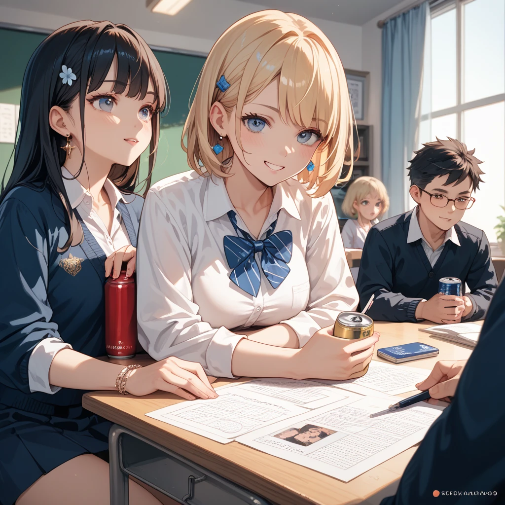 Highest quality,Highest quality,One Girl,One boy,((((10 years old)))),Flat Chest,orgasm,blush, Sweat, Sakurai Momoka,blonde,White Sarah Outfit,Navy Blue Skirt, It is not a pleated skirt,whole body,classroom, pantyhose、Navy Blue Skirtをめくる、Spread your legs