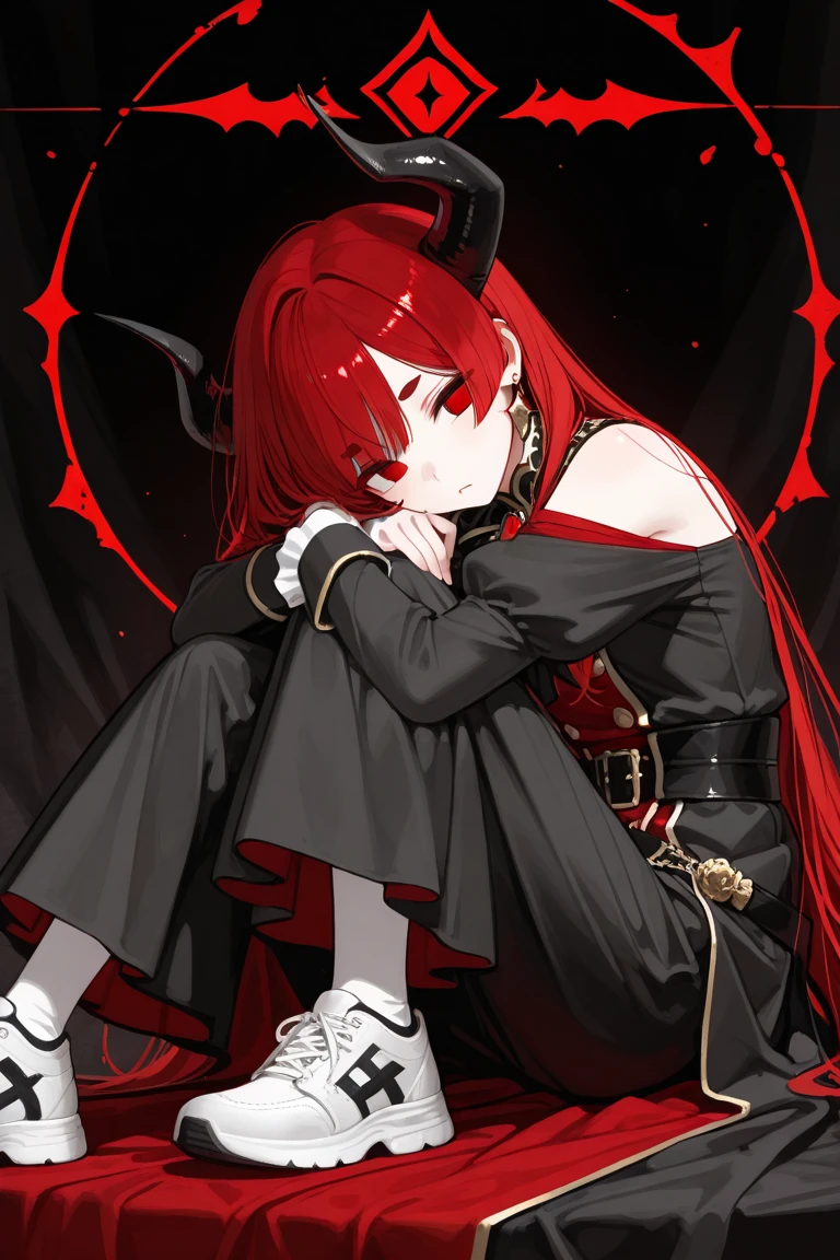 (well done: 1) girl, short hair down to his neck a little voluminous dark blonde with black roots, two red dragon horns with a smooth transition from the skin to red, black eyes, short black dress with side cuts for the legs, long black gloves without fingers, baggy black pants, black clogs.

full body drawing 