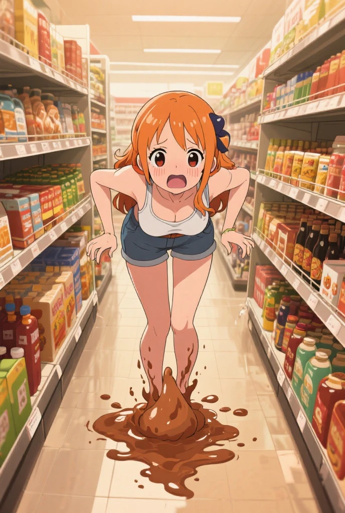 detailed illustration, dynamic angle, ultra-detailed, illustration, girl made of mold, transparent stomach, cinnamon bun inside her, stepping out of refrigerator, open refrigerator door, kitchen, smiling, happy, excited, short slimy brown hair