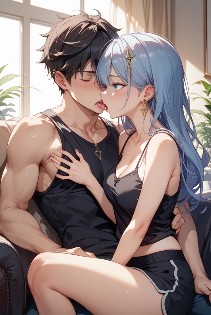 girl and boy, 16 years old, Arrange pose,Top quality work，Show Legs,(long white hair),(blue eyes), Rose cheeks, Pretty Face, A perfectly proportioned face, ((casual A-LINE BUSTIER DRESS)), tokyo street,((white wall background)), round small breasts, ((young pretty boy grab her breast)), (erotic pose), nsfw