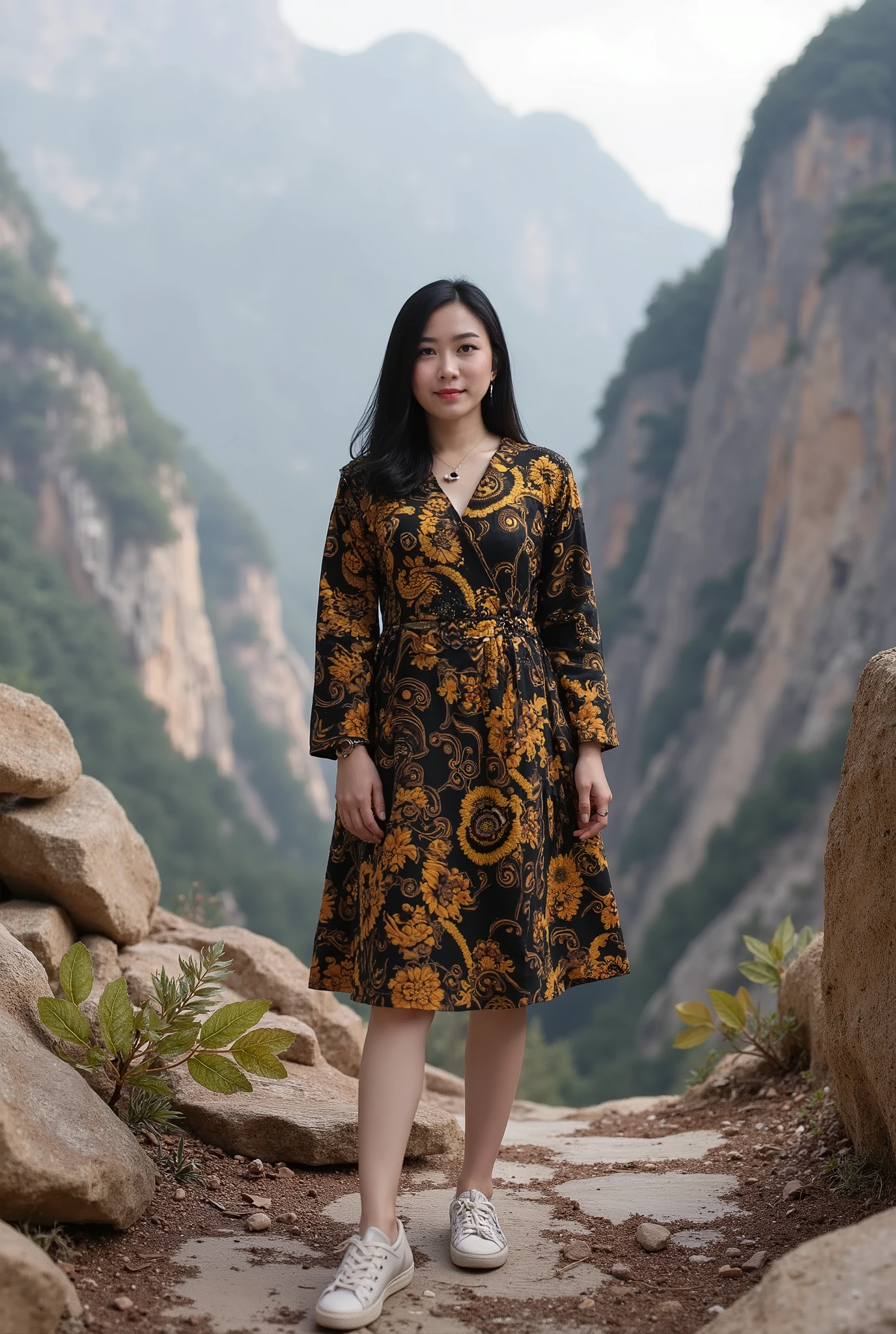 beautiful girl background ,is rather plump with black earrings and a black necklace, short hair , small smile , wearing a gold and black outfit.standing enjoy on a mountain cleft , sneakers white