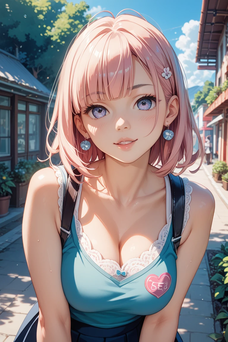 a girl in valentine's day waiting for her boyfriend showing her tits, sexy, ((detailed )), festival scenery, medium breasts, flirtatious, pink and blue short hair, ((very detailed)), perfectly detailed face, detailed hand, photorealistic image.