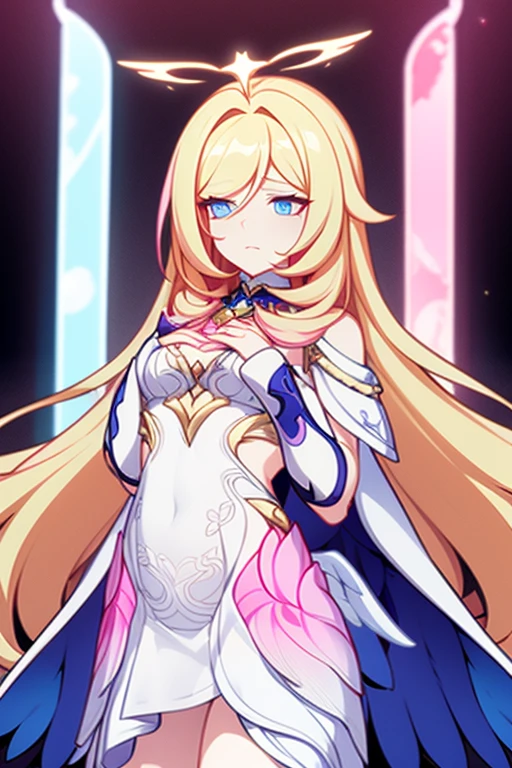 masterpiece, best quality,1girl,solo,simple background,,<lora:keqing_lion_optimizer_dim64_loraModel_5e-3noise_token1_4-3-2023:0.7>, hair bun, (twintails), diamond-shaped pupils, hair ornament, (cone hair bun), long hair, (double bun:1.2), bangs, bow, hair flower, hair bow, standing, (large breasts), <lora:lumine:0.8>,lumine \(genshin impact\),blonde hair, yellow eyes,hair flower,hair ornament,cleavage, ,white dress,detached sleeves,white scarf