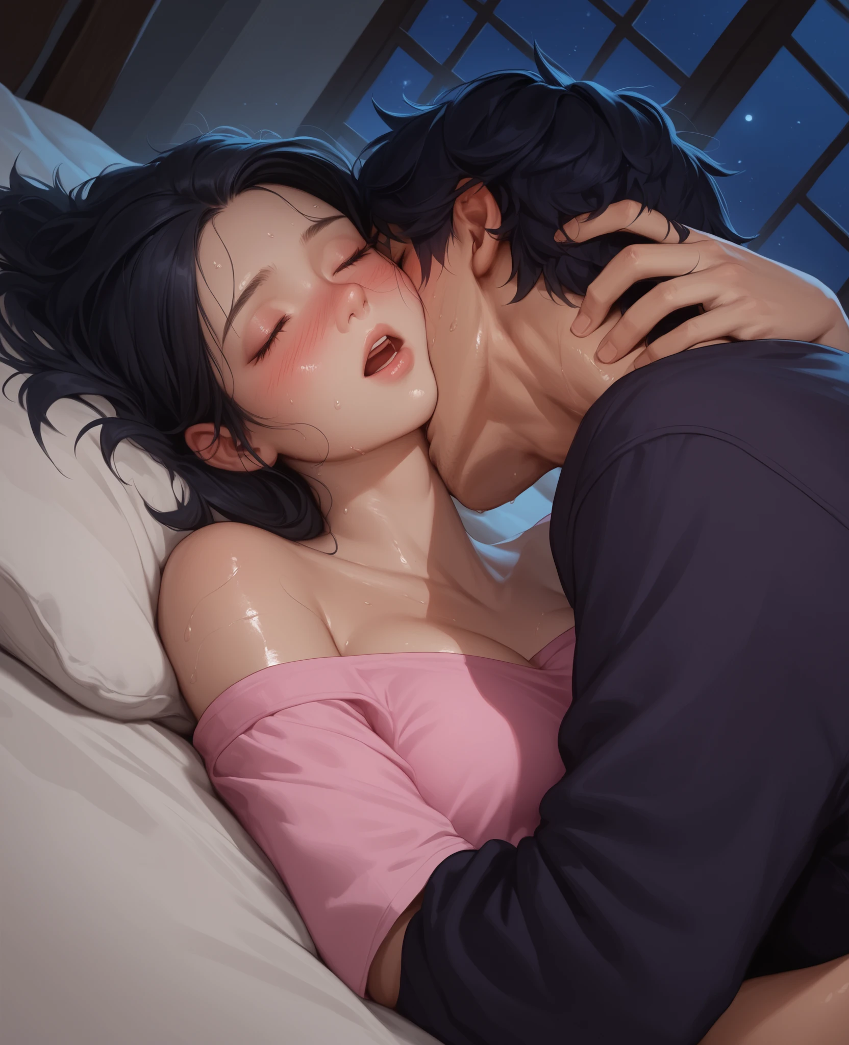 nsfw, +18, Realistic, Masterpiece,Couple having sex, orgasm face, passionate,1 girl 1 boy, big cock, different hair color, long black hair and purple eyes, short brown hair and grey eyes, romance, lie on the ground, watching stars, man on knees, man nude, girl nude, girl on all fours, man penetratig girl from behind, hands on ass, show genitals, show man penis in girls vagina, top view