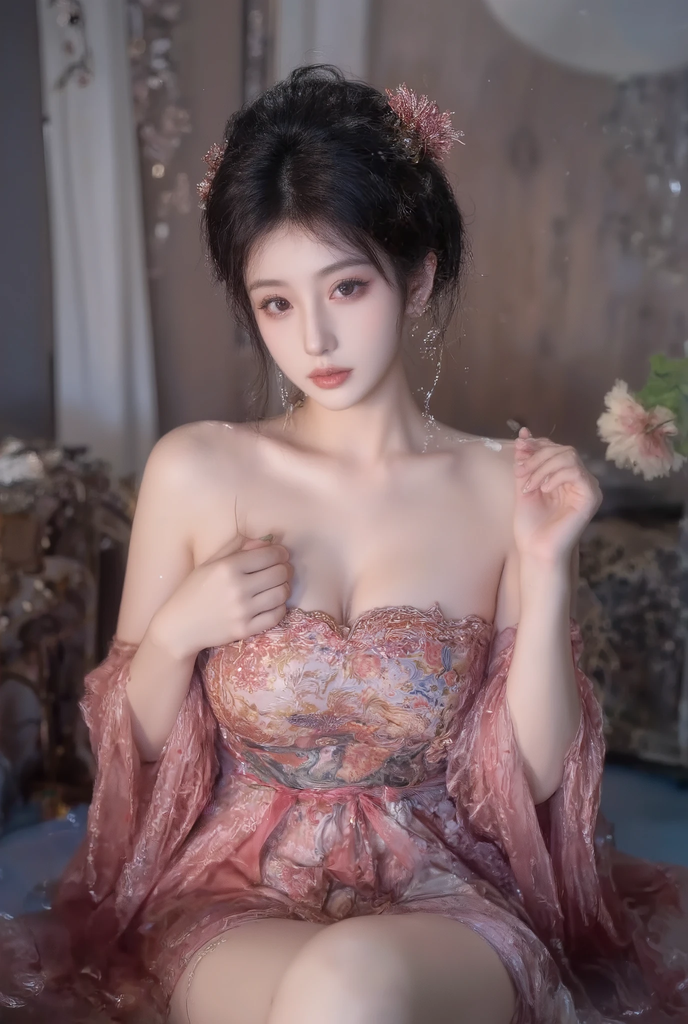 a Chinese woman wearing a sexy dress,
(((masterpiece))), ((best quality)), ((intricate detailed)), ((Hyperrealistic)), absurd res, milf, mature woman, perspective, highly detailed, illustration, 1girl, ((large breasts)), high slit dress, sexy cheongsam, perfect hands, detailed fingers, beautiful detailed eyes, updo hair, brown eyes,(chinese dress:1.2), earrings, detailed background, perfect eyes, seductive eyes, looking at the viewer, from front, see-thought dress, nipples protruding under clothes