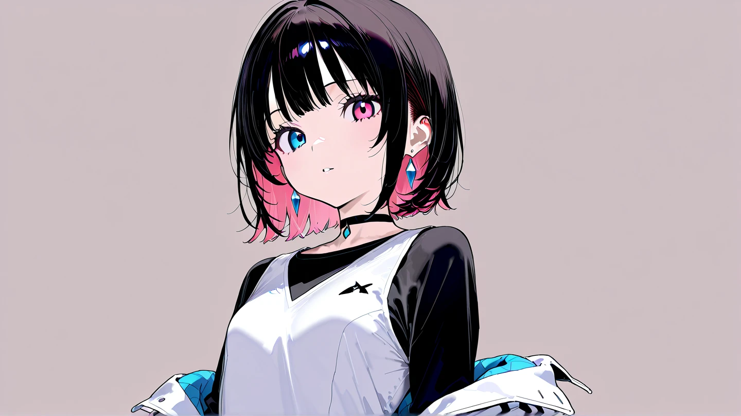 portrait, turquoise bob, hairpin, small_breasts, tsundere, a cute girl, Grumpy, pink eyes, sleeveless shirt, , Cardigan, Right arm wrapped in bandages
