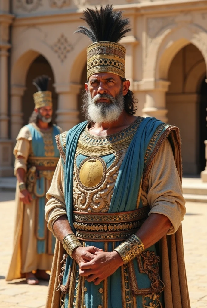 A man dressed in a turquoise linen tunic, his shoulders girded with gold, his arms, hands and feet of bronze White hair Add flames of fire to the eyes
