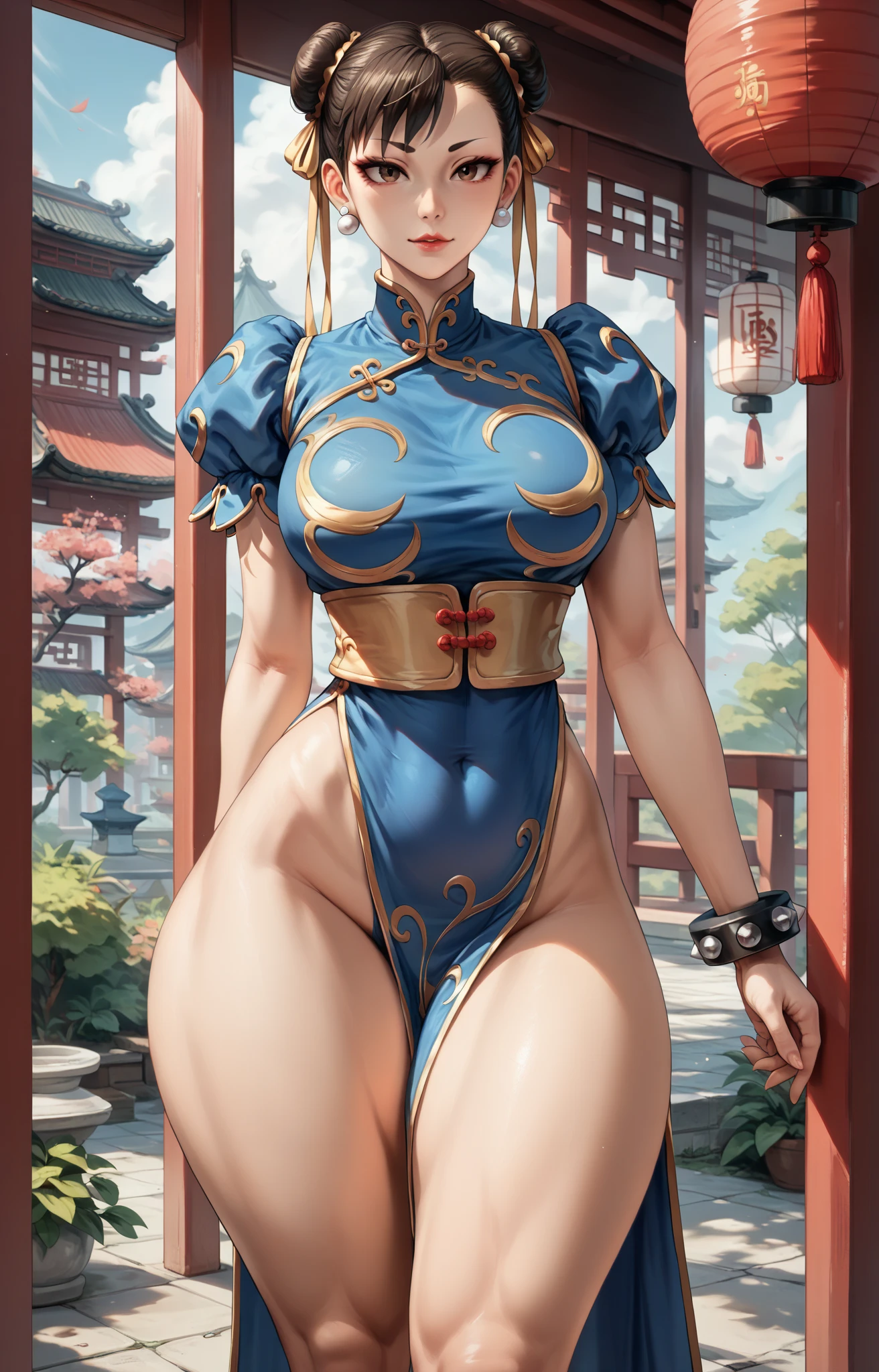 Chun-Li from Street Fighter , ((There are two buns in the hair)) 、(Muscular legs), dynamicposes, white boots,(((Chinese Neck Leotard))),H Cup Bust、large udder、Big ass、wide pelvic、thick thighs、shiny thin stockings、Soft udder、soft ass、Show me your bust、Show me your genitals, Beautiful nipples、Show me your nipples、sensually、clit、Upper Stage Kick、lewd body、Posture with buttocks sticking out、((Always generate images with the bust exposed))、Always produces images showing beautiful female genitalia、Thin pubic hair、((Always generate images with exposed nipples))、((healthy human body))、actionpose、Fighting Pose、posture with the butt facing forward,
