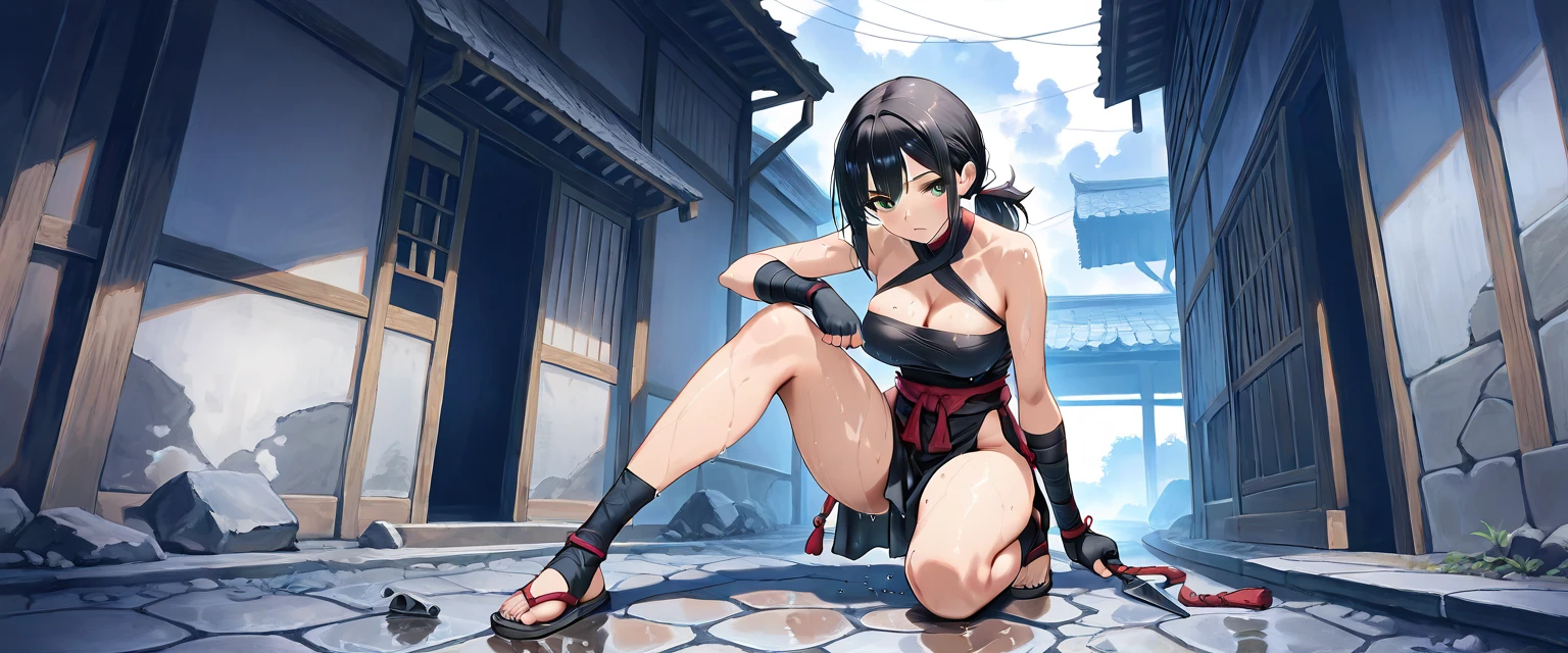 One girl, alone, short hair, Gray Hair, blindfold,  long chain leash, animal collar, viewer holding chain leash,, head band, horn, Ninja, kimono, One shoulder pad, Gauntlet, Bare shoulders, barefoot, Are standing, Outdoor, bamboo forest, Spread your legs, Restrained legs, arms, Lock, Blushing, View from below, Black panties, Stick your tongue out, stick tongue out, sexual ecstasy smile, full face blush, smile, , open legs,　Big Breasts, Cleavage, paw pose, hands on the ground, squatting, 