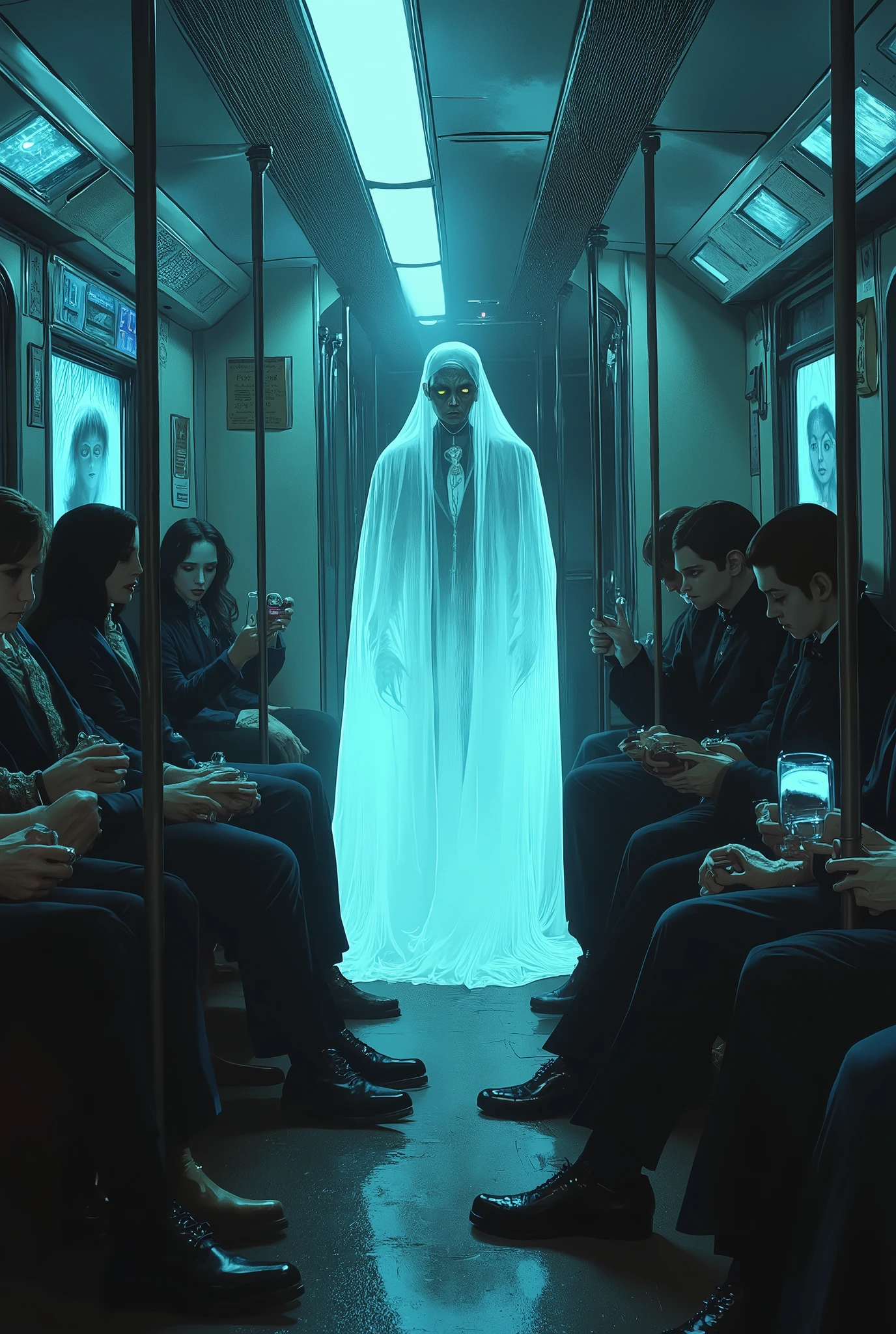 A crowded subway train rushing through a dim underground tunnel—passengers absorbed in their routine. In the middle, a ghostly figure: pale, semi-transparent, dressed in vintage 1920s attire, quietly watching the living. Nobody notices him except a small clutching a toy, who stares curiously. Cold blue light glows around the ghost, contrasting the warm tones of the fluorescent-lit car. Reflections in the window hint at more spirits—faint faces just behind the glass. A moment suspended in time, blending the mundane with the supernatural. cinematic subway, ghostly figure, spectral presence, urban fantasy, supernatural realism, eerie mood, reflective glass, paranormal encounter, vintage ghost, soft glow, spiritual undertones, haunting beauty, subway mystery