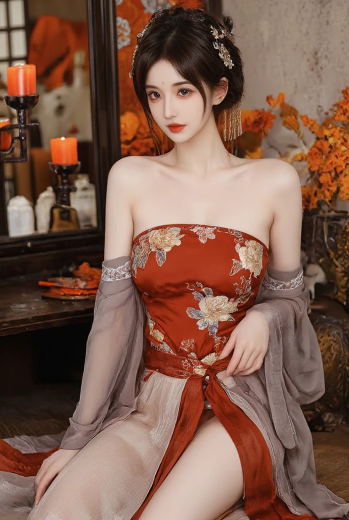 hands_, realistic,1girl, brown hair, hair ornament, lantern, solo, sitting, paper lantern, long hair, brown eyes, realistic, hair bun, bare shoulders, flower, hair flower, chinese clothes, looking at viewer, japanese clothes, double bun, kimono, lips,(soft makeup:1.3),(Exquisite and perfect facial features:1.2),(Precise and perfect human anatomy:1.2),(Smooth skin texture:1.2),(Very detailed face and skin texture:1.2),(Beautiful face:1.4),(blush red lips:1.2),(very detailed beautiful hair:1.4),(smile:1.3),(closed mouth:1.2),(natural color lips:1.2),(Shiny and textured lips:1.2),(Exquisite and perfect facial features:1.2),(Low flash:1.2),(Sharp Focus:1.2),(Front lighting:1.3),((full body view,full body photo,Full Body):1.5),(cute face:1.2),(huge breasts:1.4),(looking at the camera:1.3)