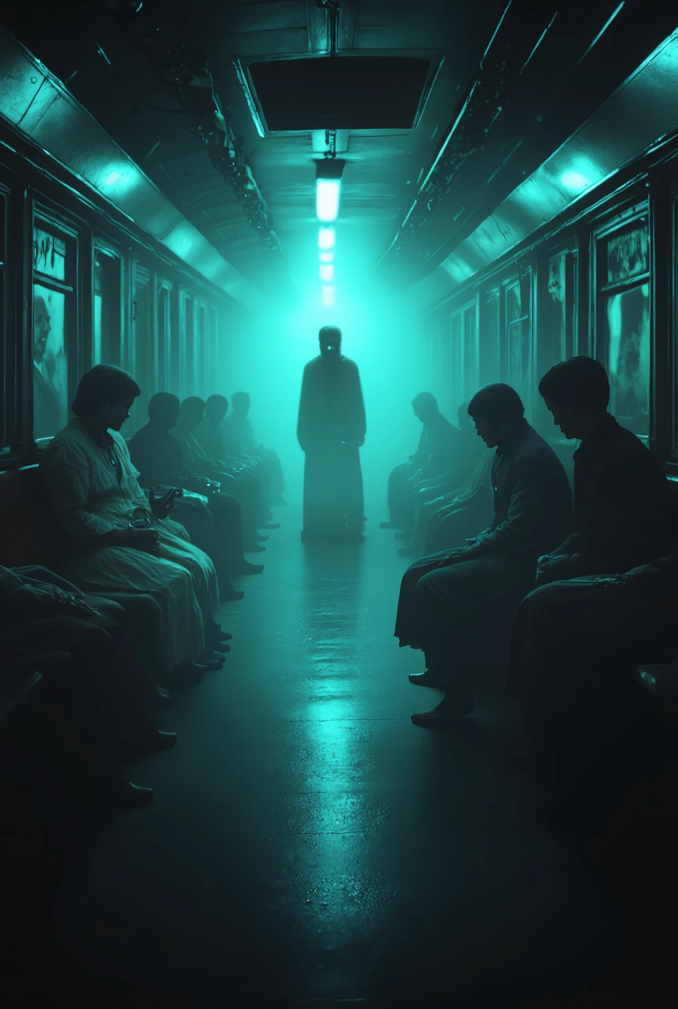 A crowded subway train rushing through a dim underground tunnel—passengers absorbed in their routine. In the middle, a ghostly figure: pale, semi-transparent, dressed in vintage 1920s attire, quietly watching the living. Nobody notices him except a small clutching a toy, who stares curiously. Cold blue light glows around the ghost, contrasting the warm tones of the fluorescent-lit car. Reflections in the window hint at more spirits—faint faces just behind the glass. A moment suspended in time, blending the mundane with the supernatural. cinematic subway, ghostly figure, spectral presence, urban fantasy, supernatural realism, eerie mood, reflective glass, paranormal encounter, vintage ghost, soft glow, spiritual undertones, haunting beauty, subway mystery