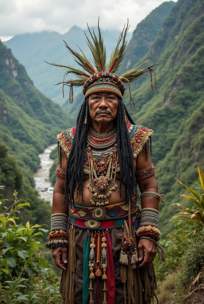 Ahau or Mayan ruler with a crown of quetzal feathers and elaborate costumes made of fine fabrics decorated with jewels and seashells. elderly indigenous man, full body tribal chief, raising hands to heaven worshiping gods. mexican traits