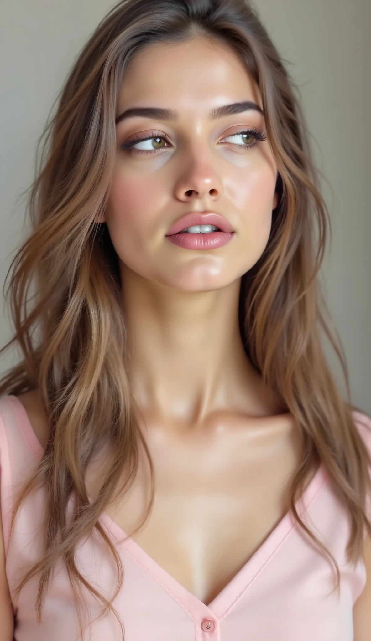 The photograph features a young woman with blonde, wavy hair, styled elegantly, and fair skin. Her bright blue eyes, softly lit, draw the viewer’s attention. The background is blurred, enhancing the portrait's depth of field. The use of color is minimal yet effective—the pink shirt contrasts gently with the more muted background tones, evoking a feeling of warmth and approachability. Compositionally, the woman is centered, directing the viewer’s gaze directly. The lighting is natural, likely from daylight, highlighting her hair and skin, creating a soft, inviting atmosphere. Textures are smooth and seamless, indicative of digital photography, rather than traditional painting techniques. There's an absence of visible brushstrokes, underlining the precise nature of digital retouching. The portrait leans towards photorealism, capturing a lifelike moment, possibly aiming for an element of intimacy and relatability. Symbolically, the pose—resting her chin on her hands—conveys contemplation or a moment of silent introspection, enhancing the personal connection to the viewer. This image could be associated with contemporary portrait photography, focusing on natural beauty and simplicity.
