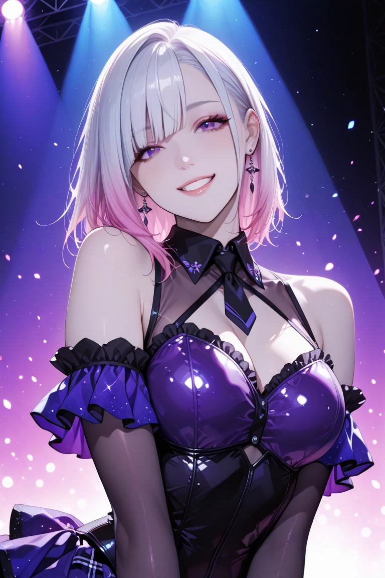 Young beautiful woman,(Highest quality,Extremely detailed depiction,Incredibly absurd high resolution,Anatomically accurate depiction),(Glowing Skin,Shiny skin),(Female dealer holding cards:1.5),(Perfect body,Gorgeous earrings,Bracelet),(Wicked Smile,blush,eyelash,Purple Eyes,Eyes half closed:1.3,Glossy red lipstick,There is cleavage in the chest,Large Breasts),background:Luxury Casino,card table,Champagne,Decadent atmosphere